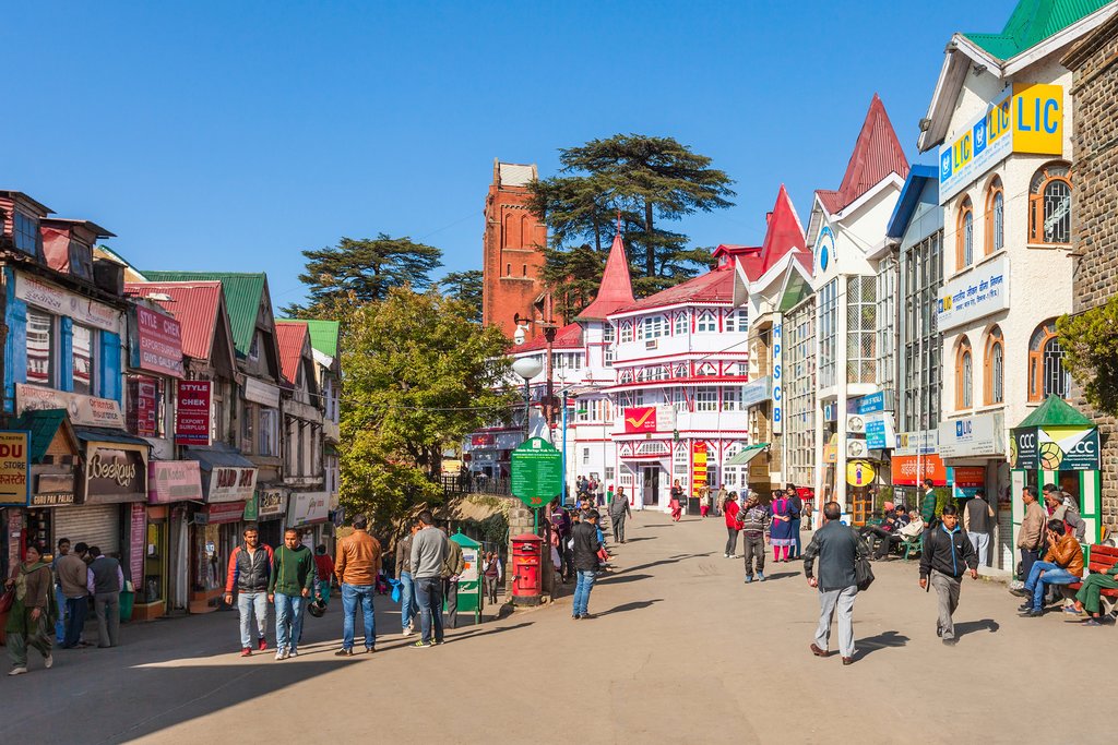 The colorful main street of Shimla features a mix of architectural styles