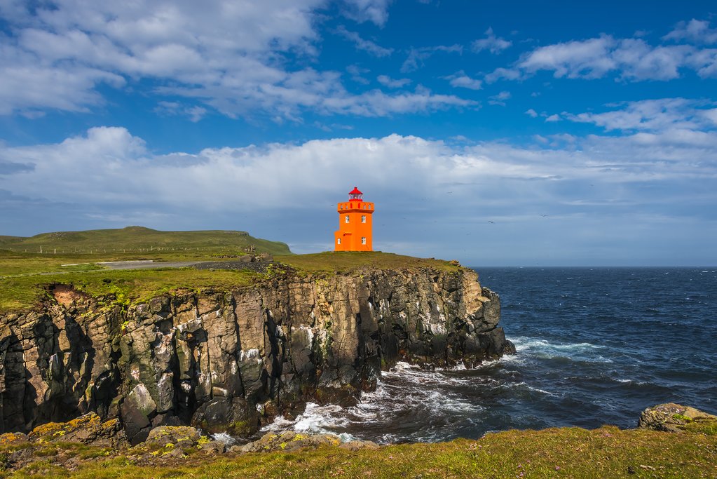 A lighthouse on the cliff of Grimsey Island