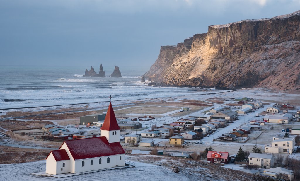 A light snow covers Vik in southern Iceland