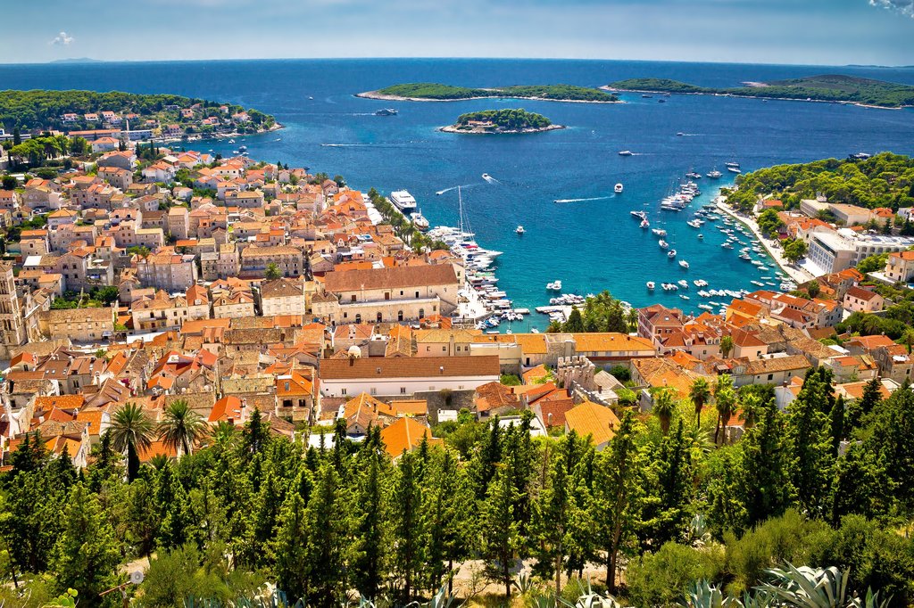 Hvar rooftops, harbor, and Pakleni Islands