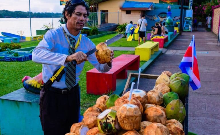 A local in Tortuguero prepares coconut milk drinks