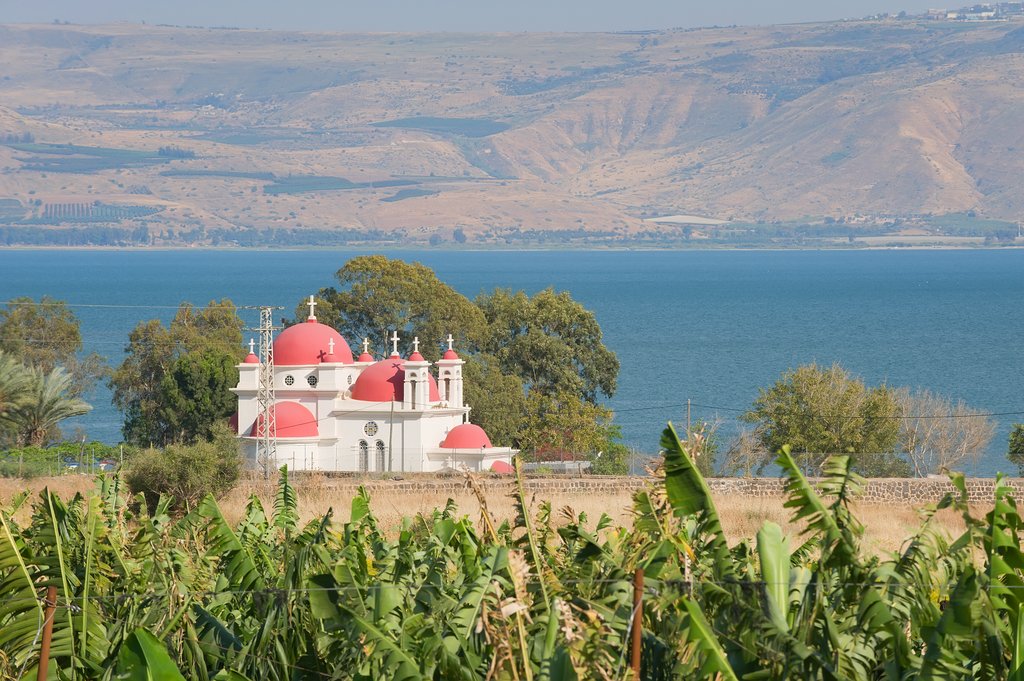 Greek orthodox church Capernaum, Sea of Galillee and the Golan Heights