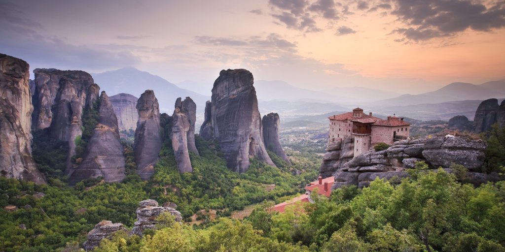Sunset falls on the monsteries of Meteora