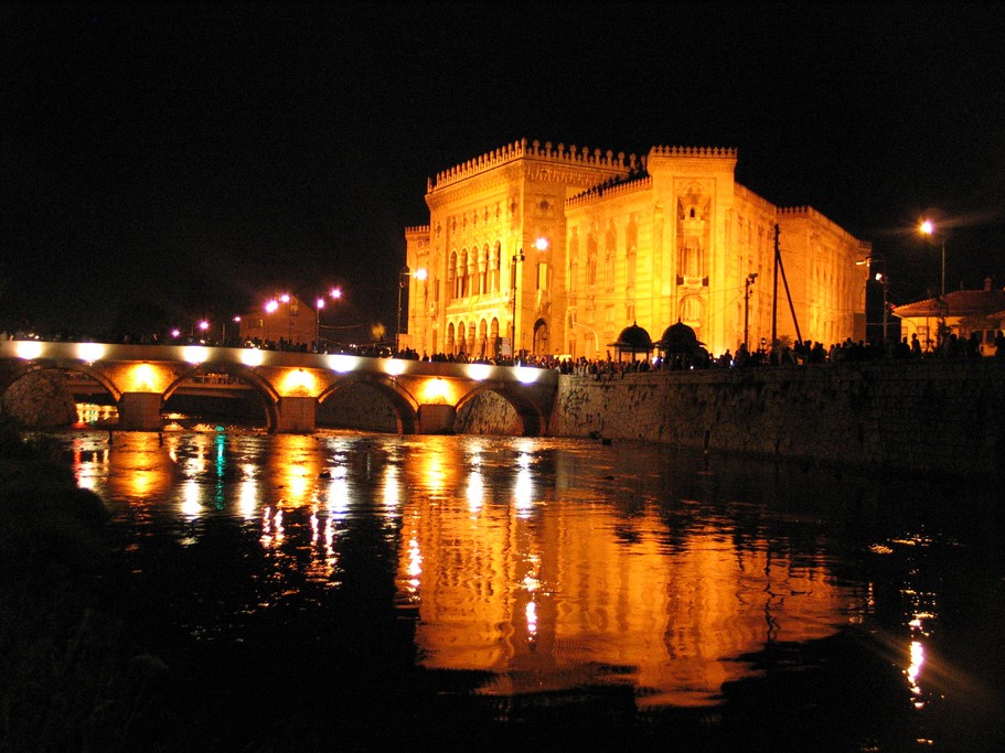Sarajevo's City Hall lit up at night
