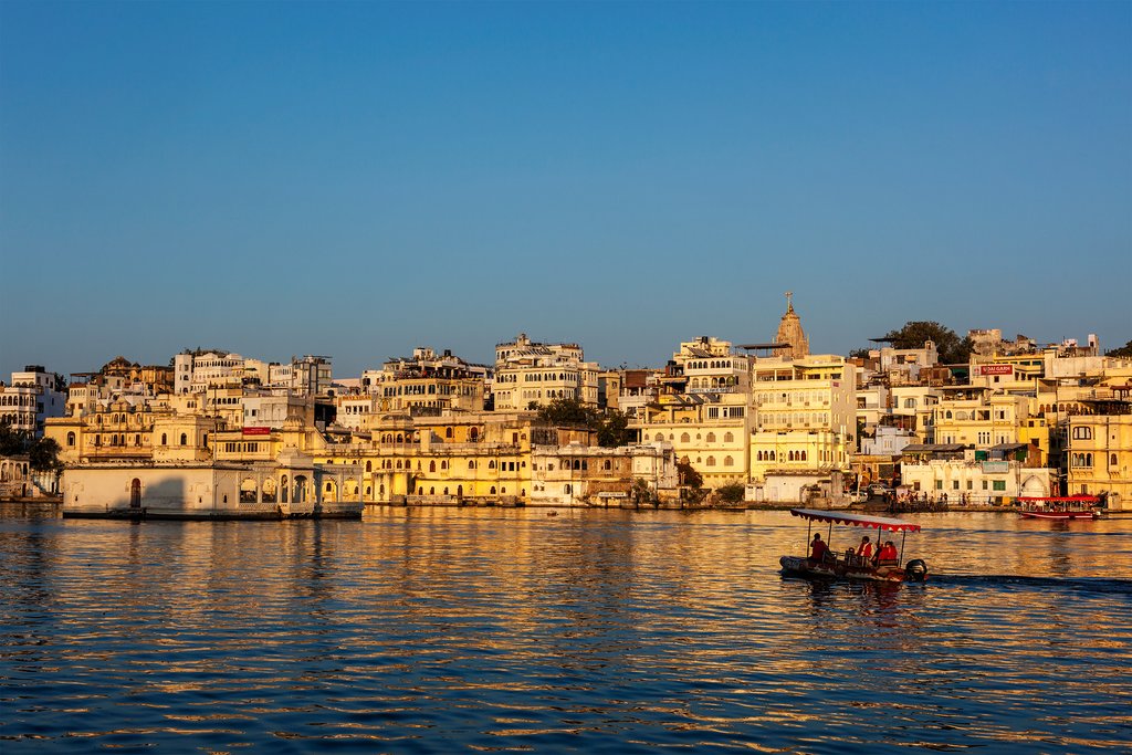 The city of Udaipur is best viewed from the waters of Lake Pichola