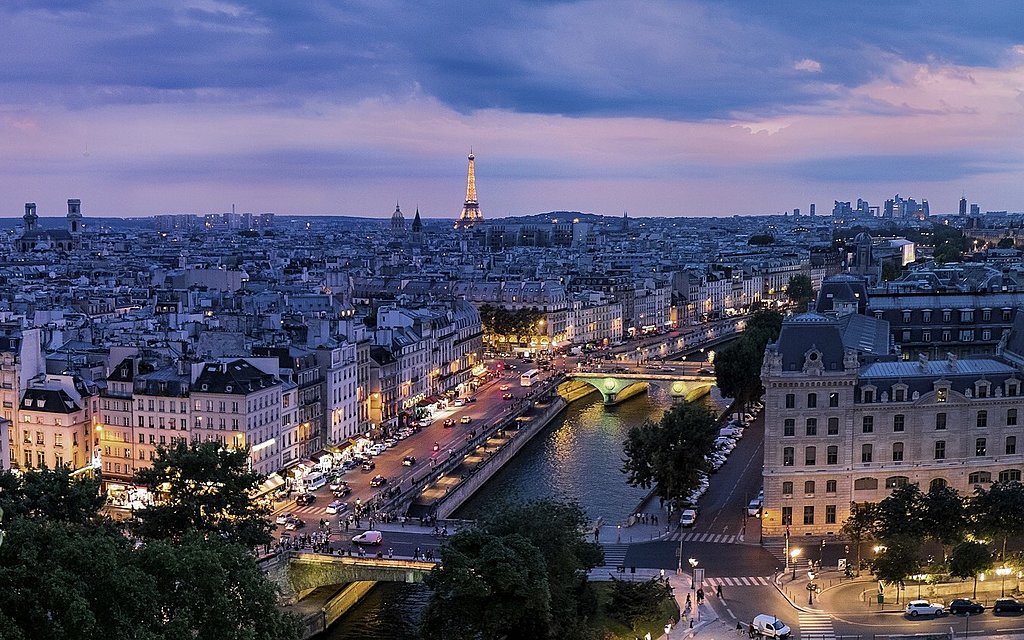 The City of Lights at dusk