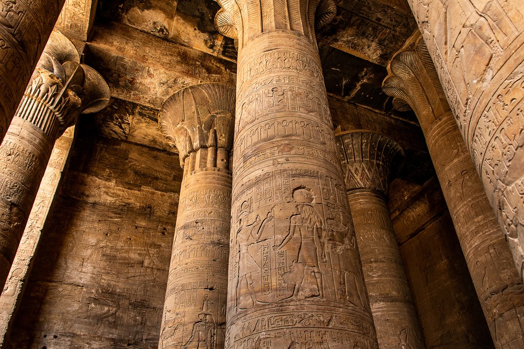 Egyptian heiroglyphics on columns of the Temple of Horus at Edfu