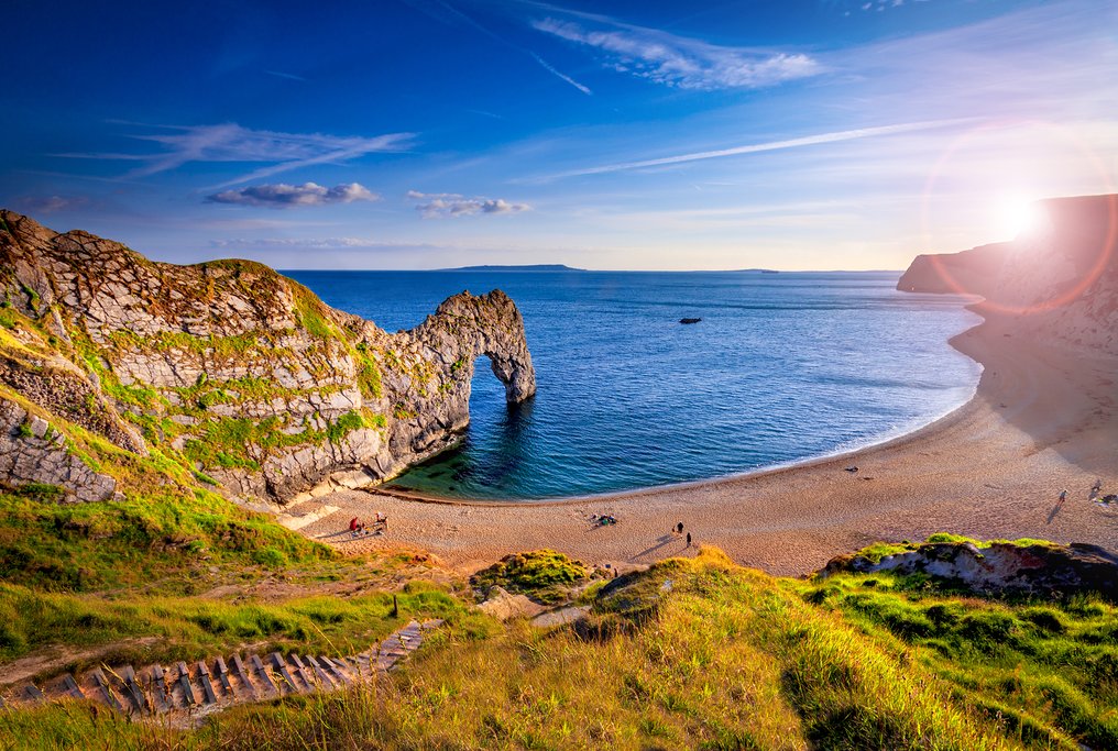 Steps lead to the beach at Durdle Door.