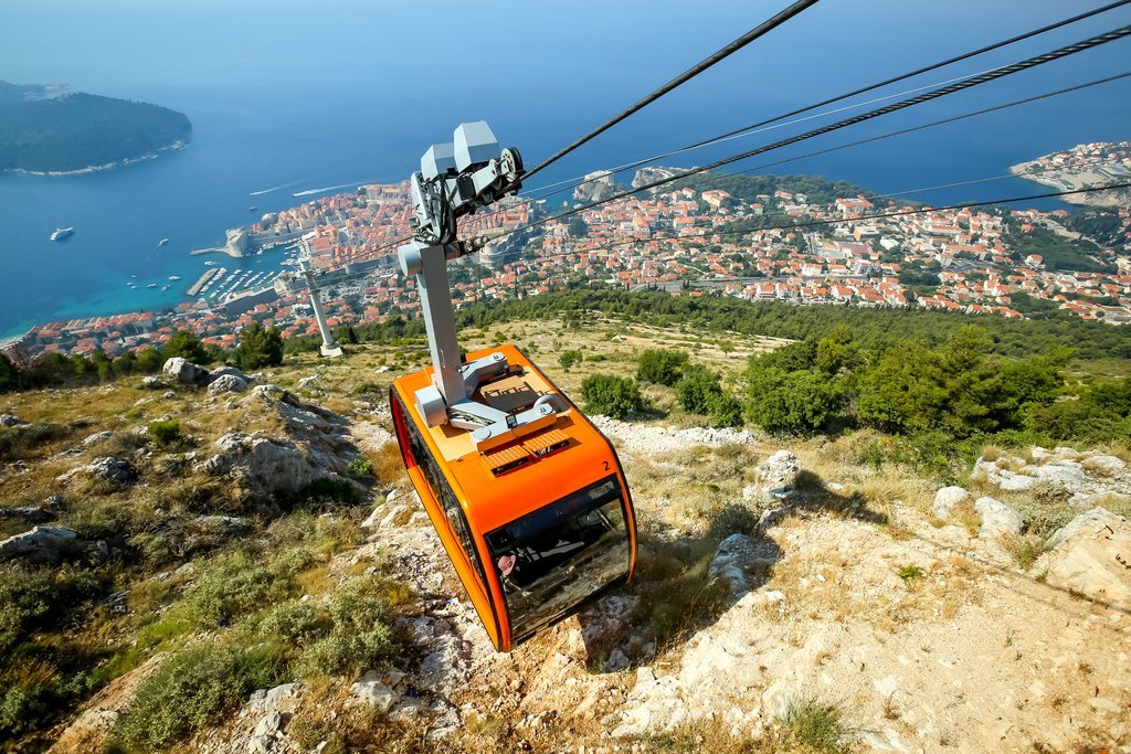 Cable car heading up Srđ Mountain, overlooking Dubrovnik
