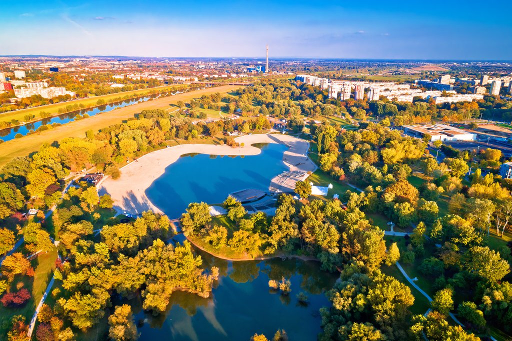 Aerial view of Bundek Lake and city of Zagreb