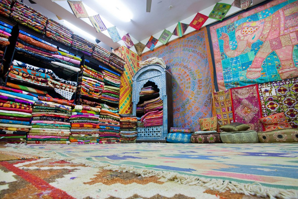 Colorful textiles in a Jaipur bazaar
