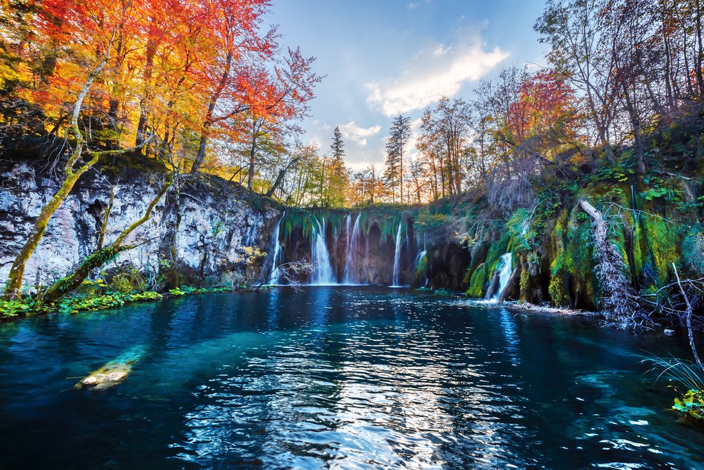 Waterfalls at Plitvice Lakes in autumn