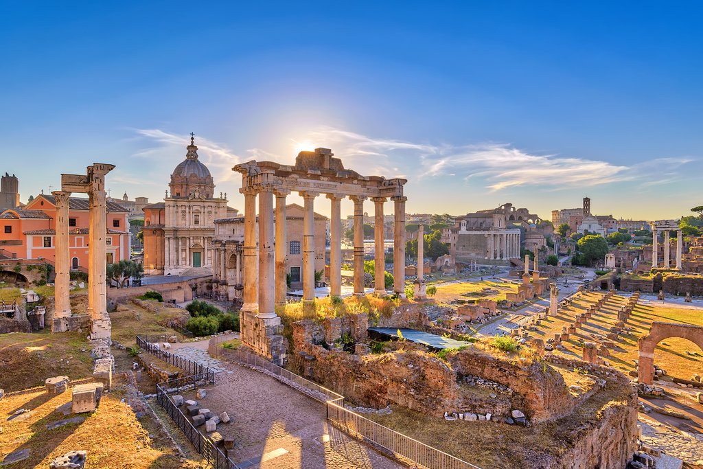 Ancient Roman ruins at sunrise