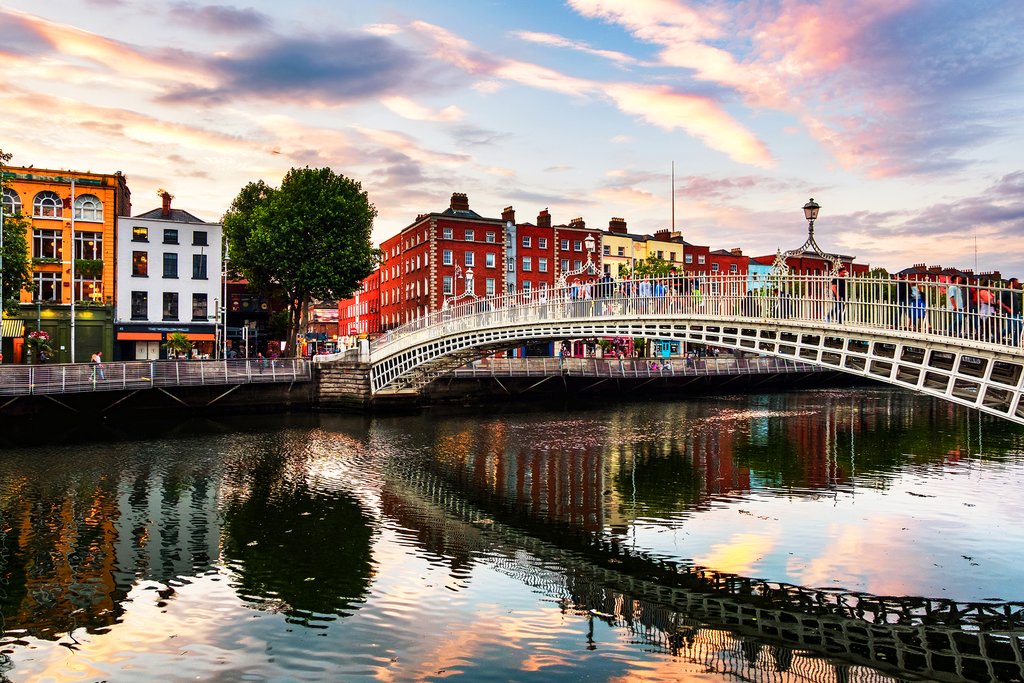 Dublin and the River Liffey at sunset.