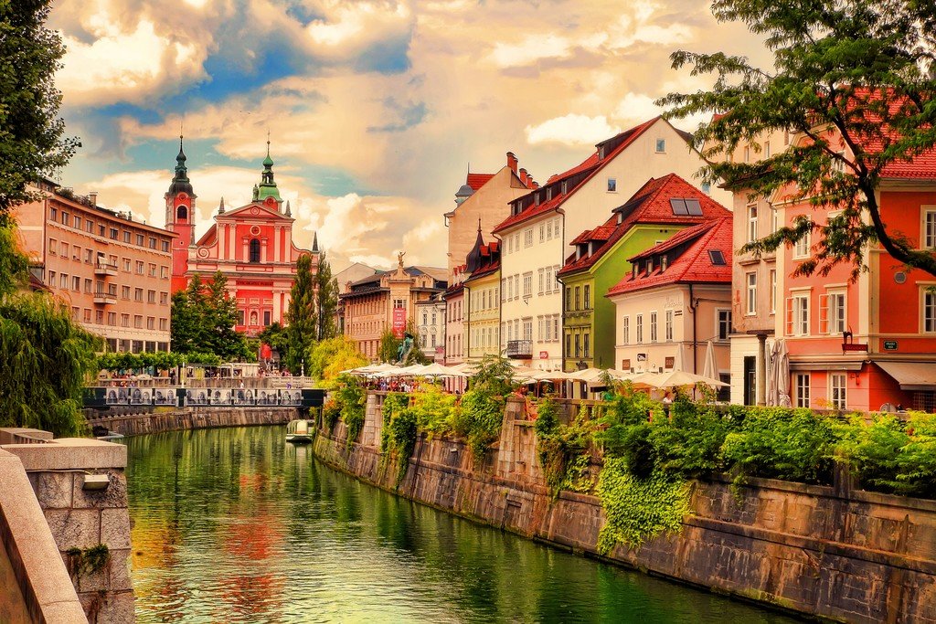 Charming riverside scenery in Ljubljana