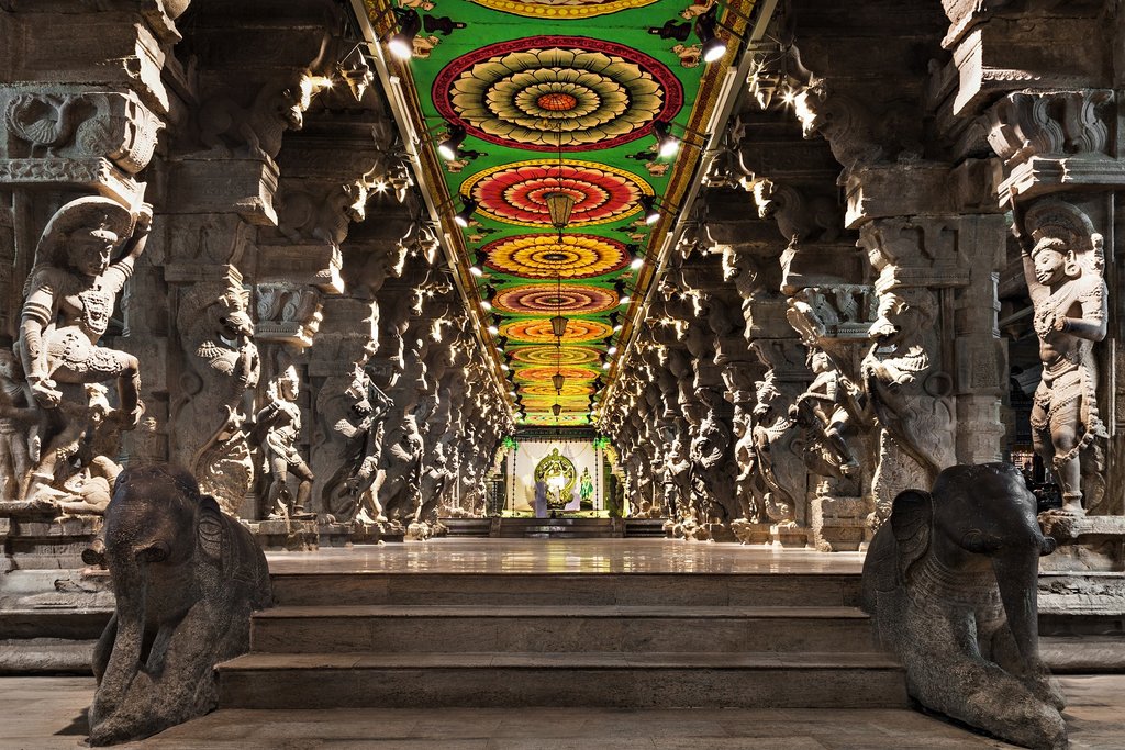 Inside a temple at Madurai