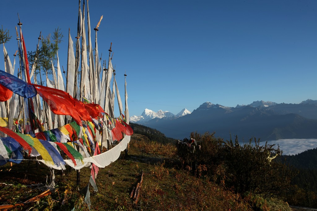 Buddhist prayer flags sending prayers across the Himalayas