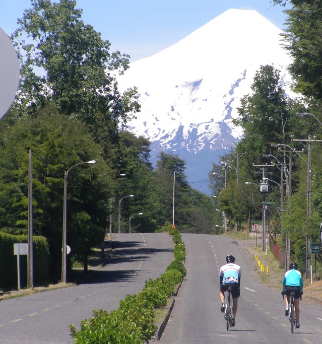 Biking towards the spectacular Villarrica Volcano