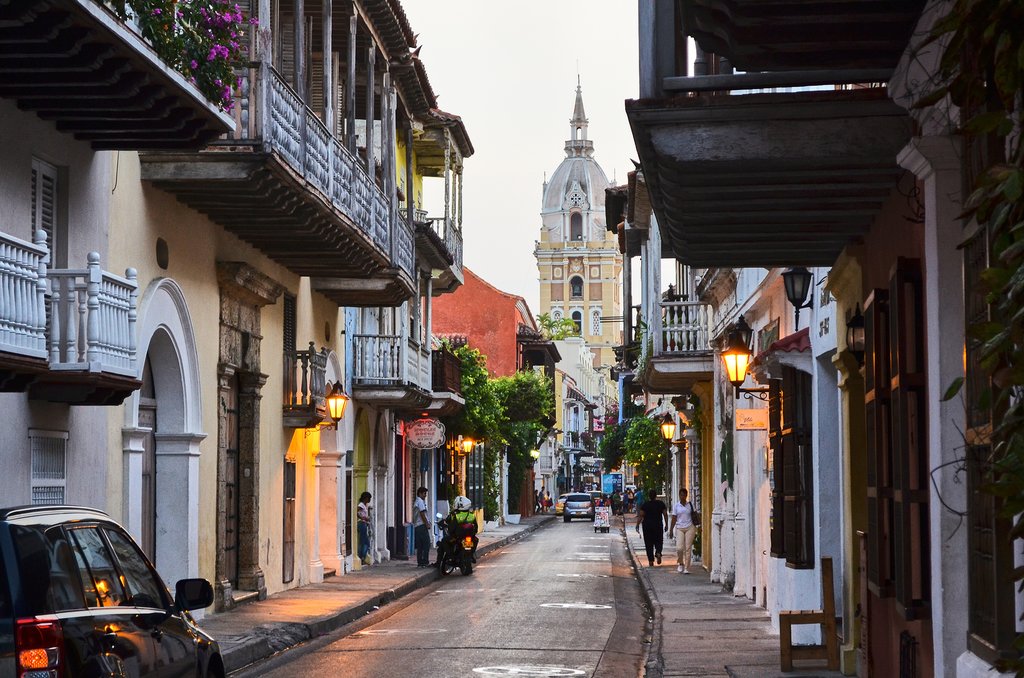 Narrow streets of Cartagena have flowering balconies.