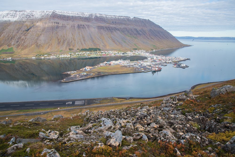A view looking down on Isafjordur from the Troll's seat hike