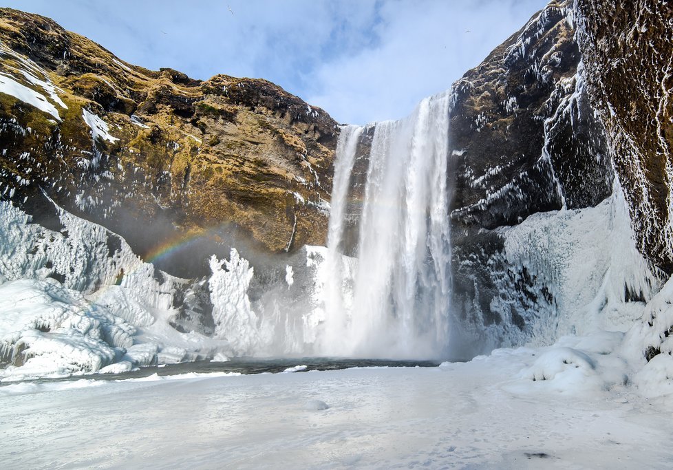 Skogafoss frozen in the wintertime