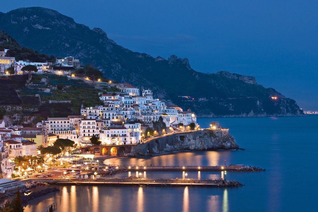 A picturesque view of Amalfi at night