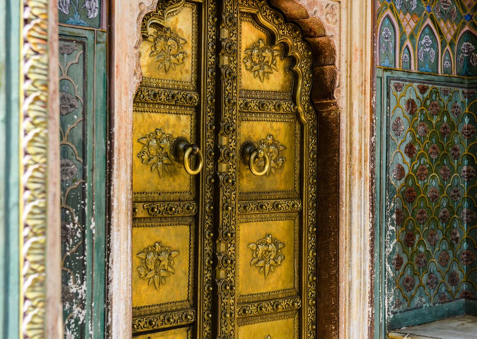 The beautiful detailing on the Rose Gate in Jaipur City Palace