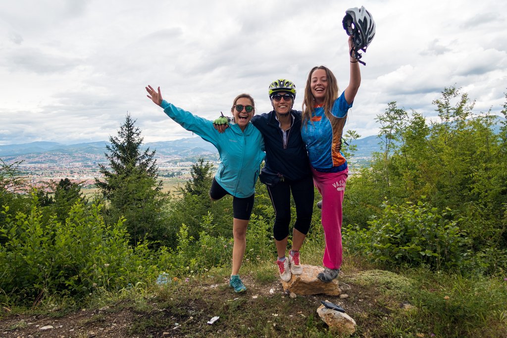 Happy cyclists at the end of their journey through the Balkans