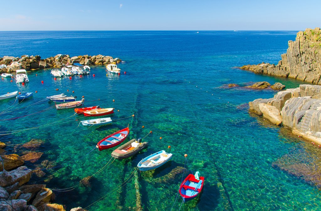 Colorful fishing boats moored at Riomaggiore.