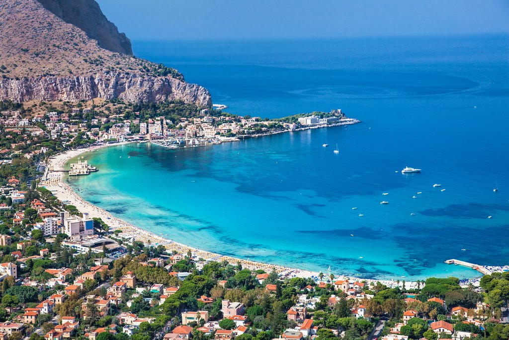 A panoramic view of Mondello Beach, Sicily