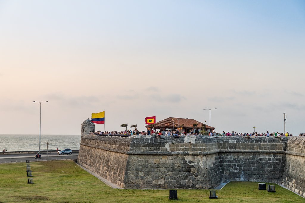 The ancient ramparts surrounding Cartagena's old town at sunset