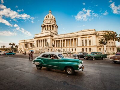 HAVANA, CUBA - JUNE 7, 2011: Old classic American car rides in f