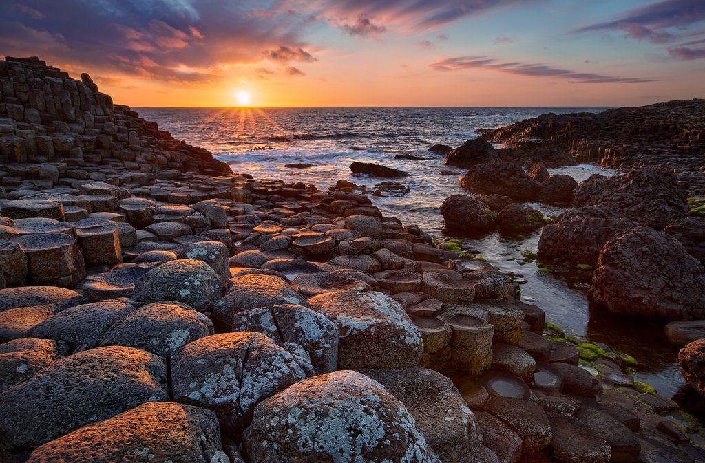 Sunset over the Giant's Causeway.