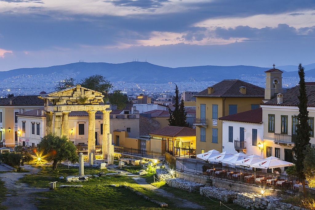 Ruins of the Roman agora alongside an open-air restaurant