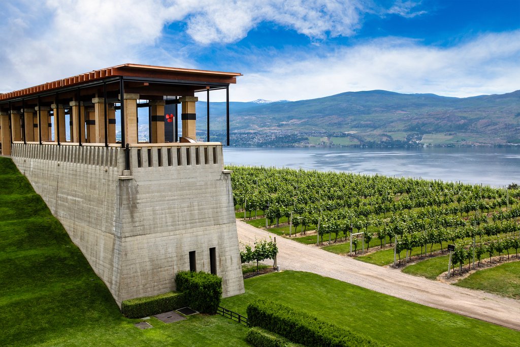 Terrace overlooks Lake Okanagan and vineyards of Mission Hill Family Estate