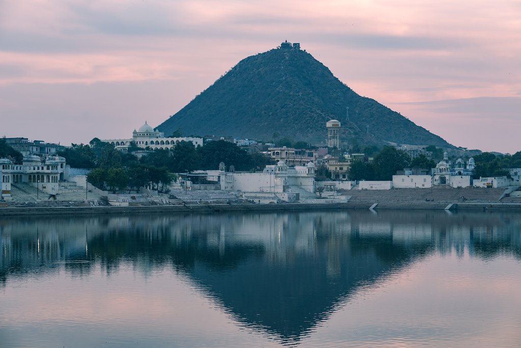 Pushkar and one of its hills at sunset