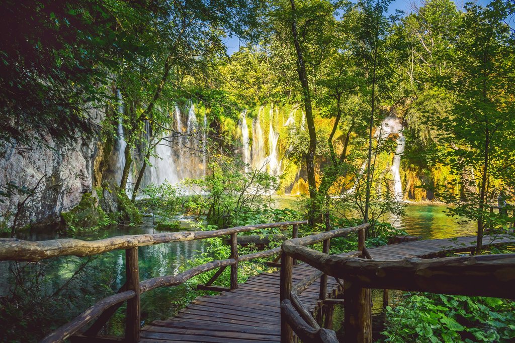 Boardwalk leading to waterfalls in Plitvice Lakes National Park