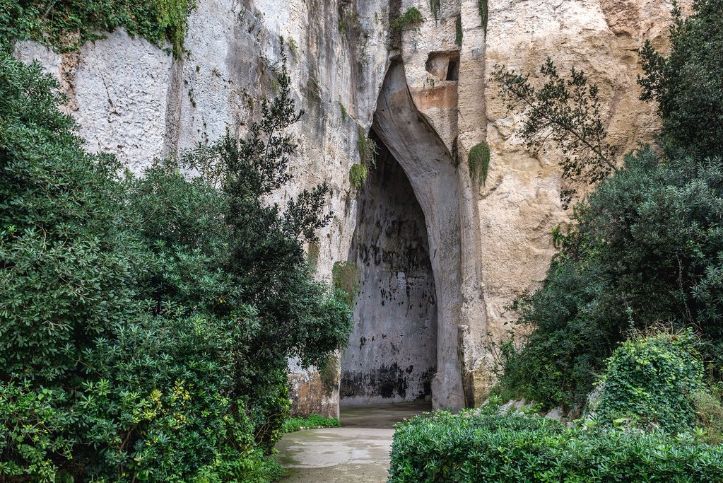 Italy - Sicily - Syracuse - Entrance to the Ear of Dionysius cave in Neapolis Archaeological Park