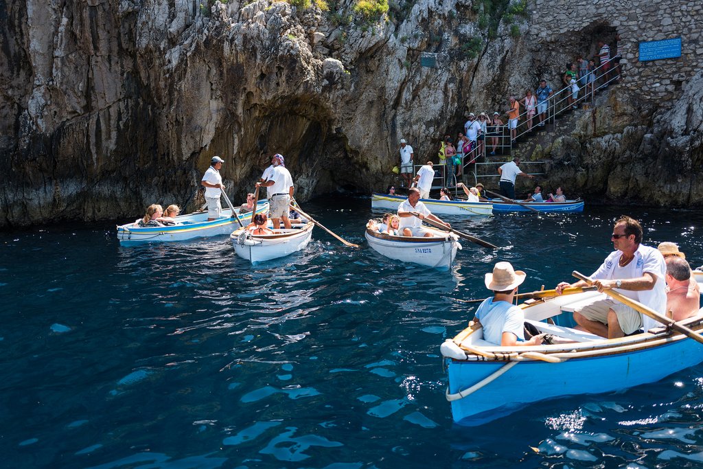 Boats waiting to enter the Blue Grotto, Capri