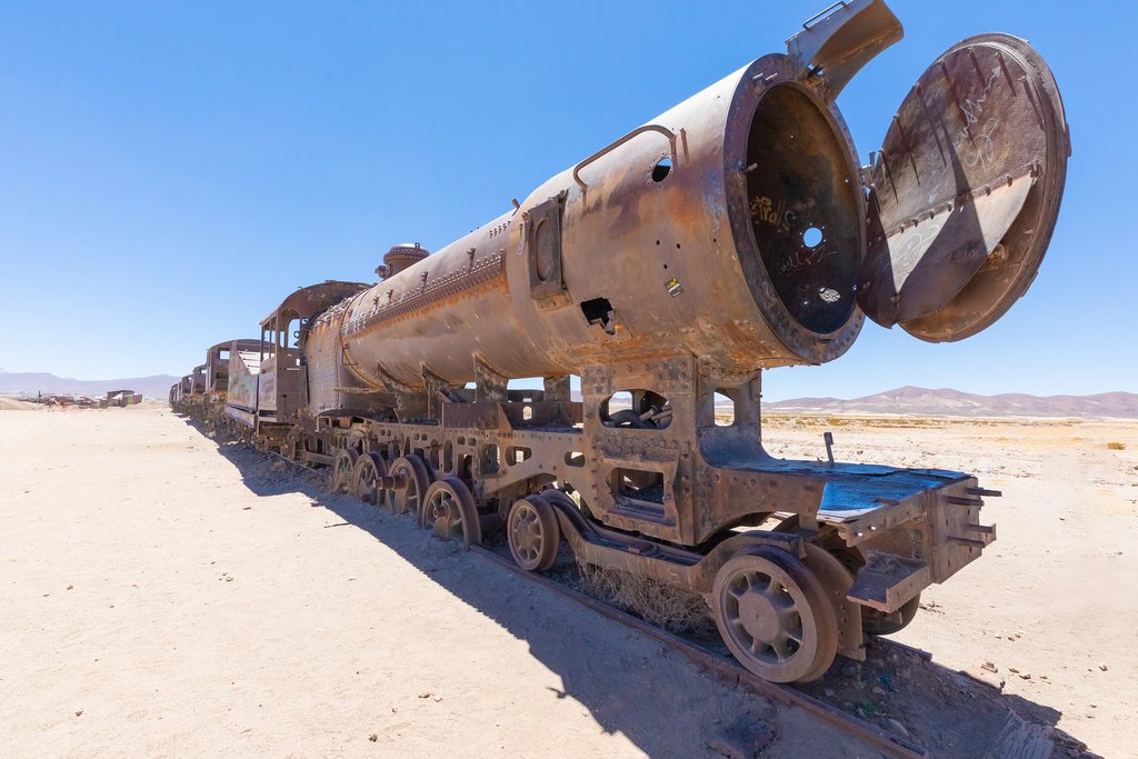 Train cemetery at the entrance of the salt flats