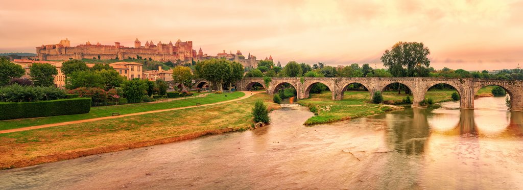 Sunset over the fortified city of Carcassonne 