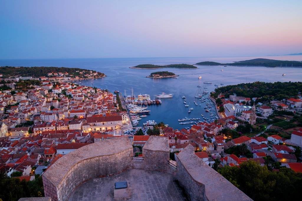 Hvar Town and the Pakleni Islands at sunset