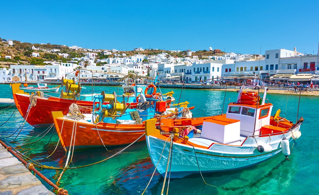 Colorful boats bobbing in Mykonos' Old Port