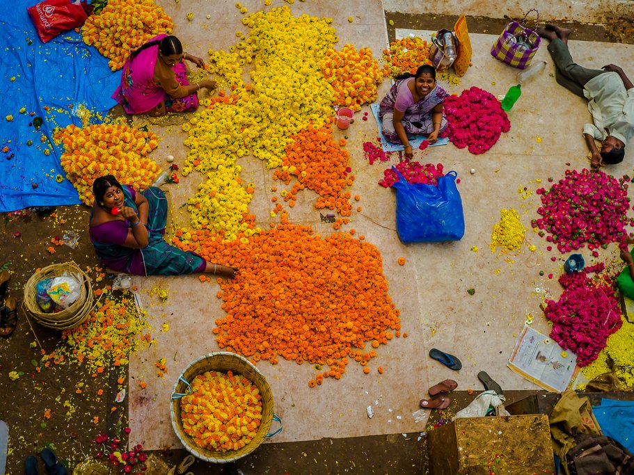 Aerial view of flower sellers at Bangalore's KR Market