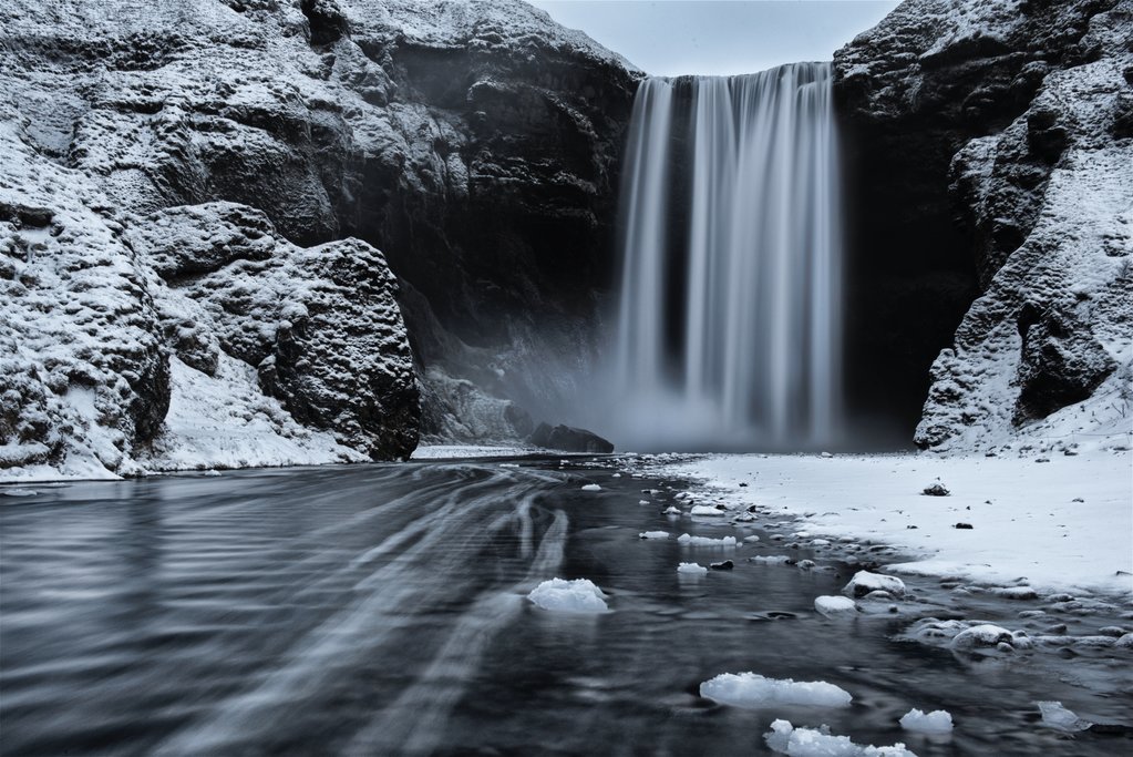 Skogafoss waterfall in winter