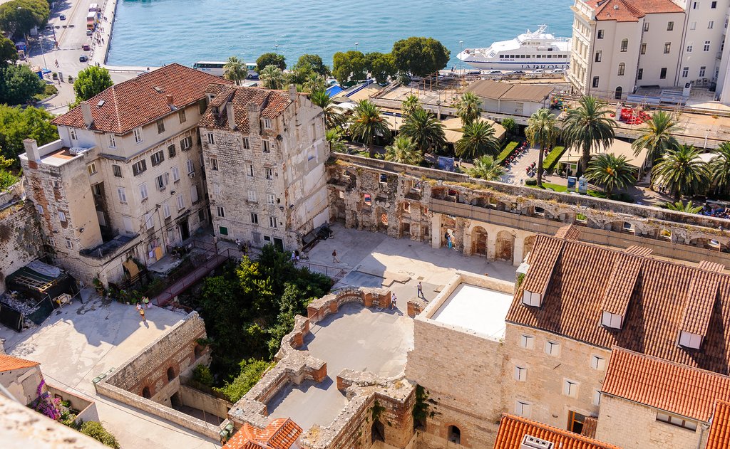 Croatia - Split - Aerial view of Diocletian's palace walls looking onto the Riva
