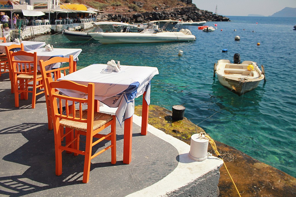 Waterfront dining in Santorini