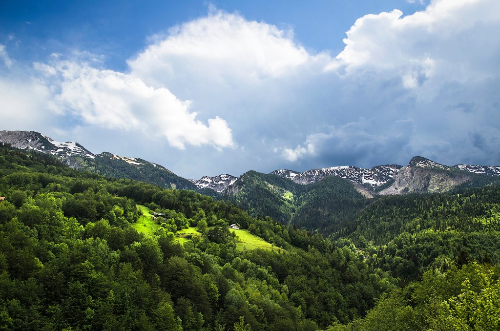 Snow covered mountains en route to Kosovo