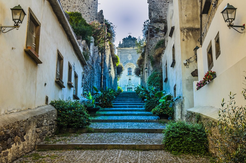 Italy - Sicily - Lipari - Street going up to church in Lipari Town