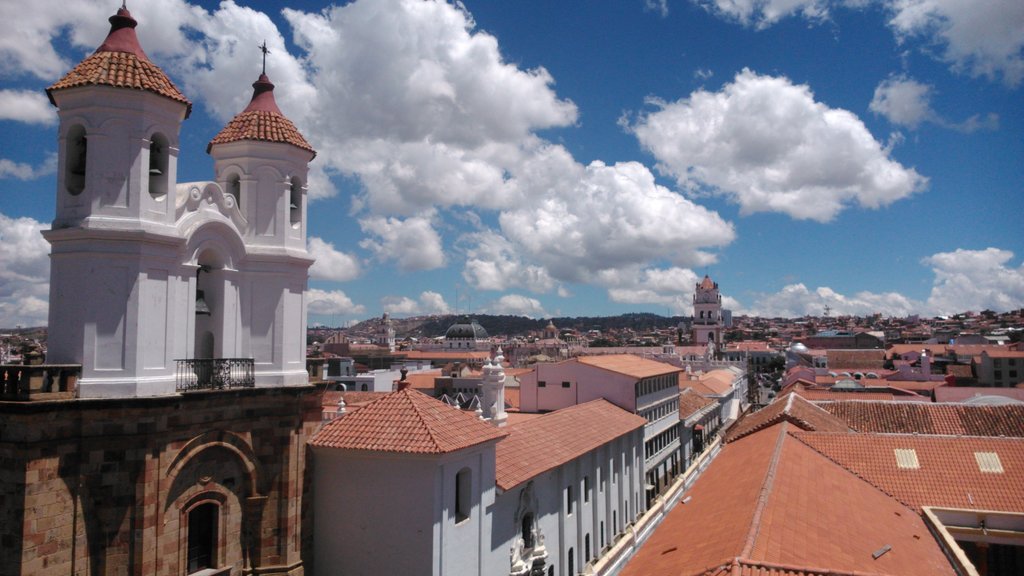 The church-towers and rooftops of the colonial buildings in Sucre's city center.